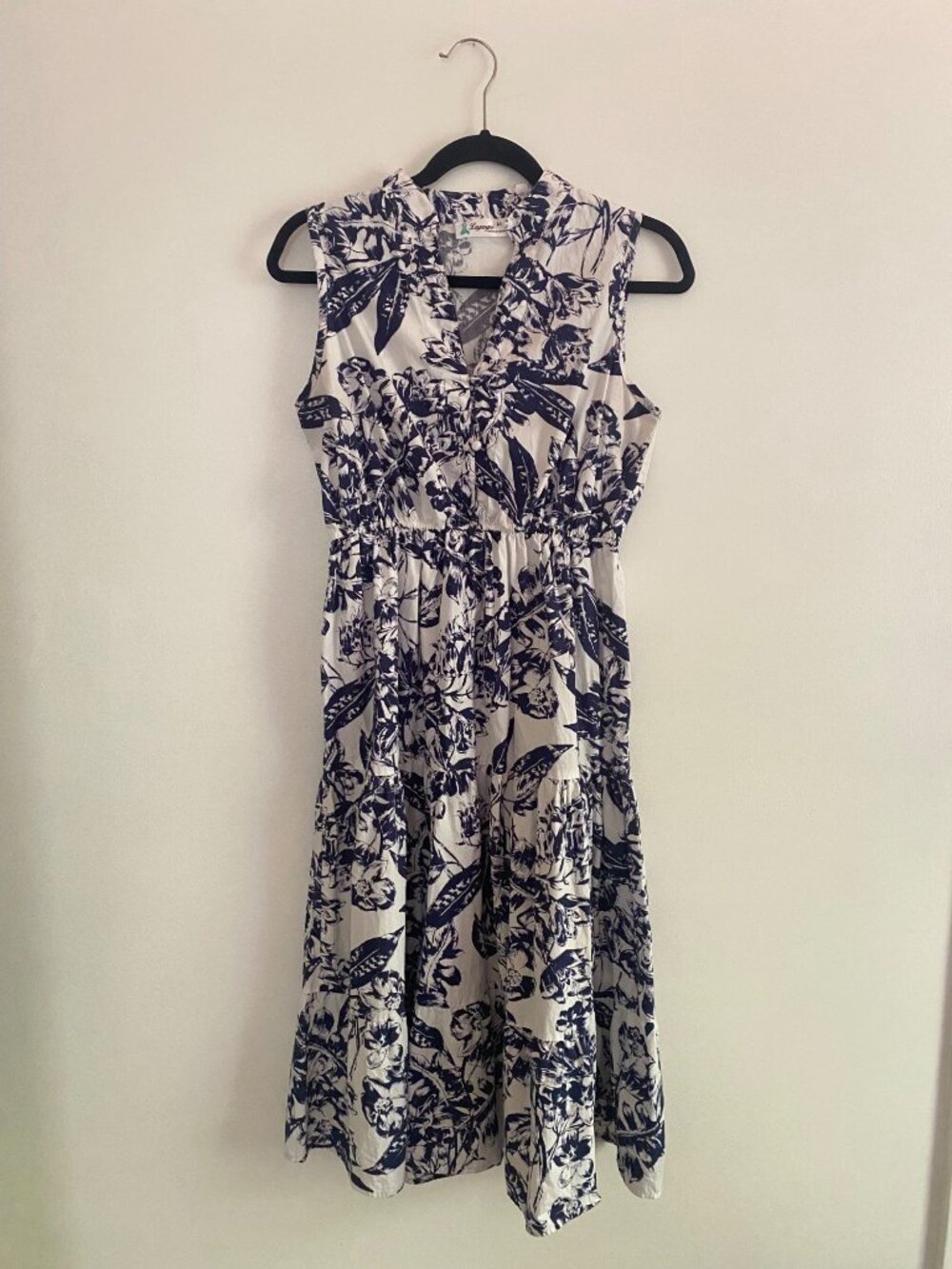 Lapogee Sleeveless White & Navy Floral Midi Dress 100% Cotton Size M